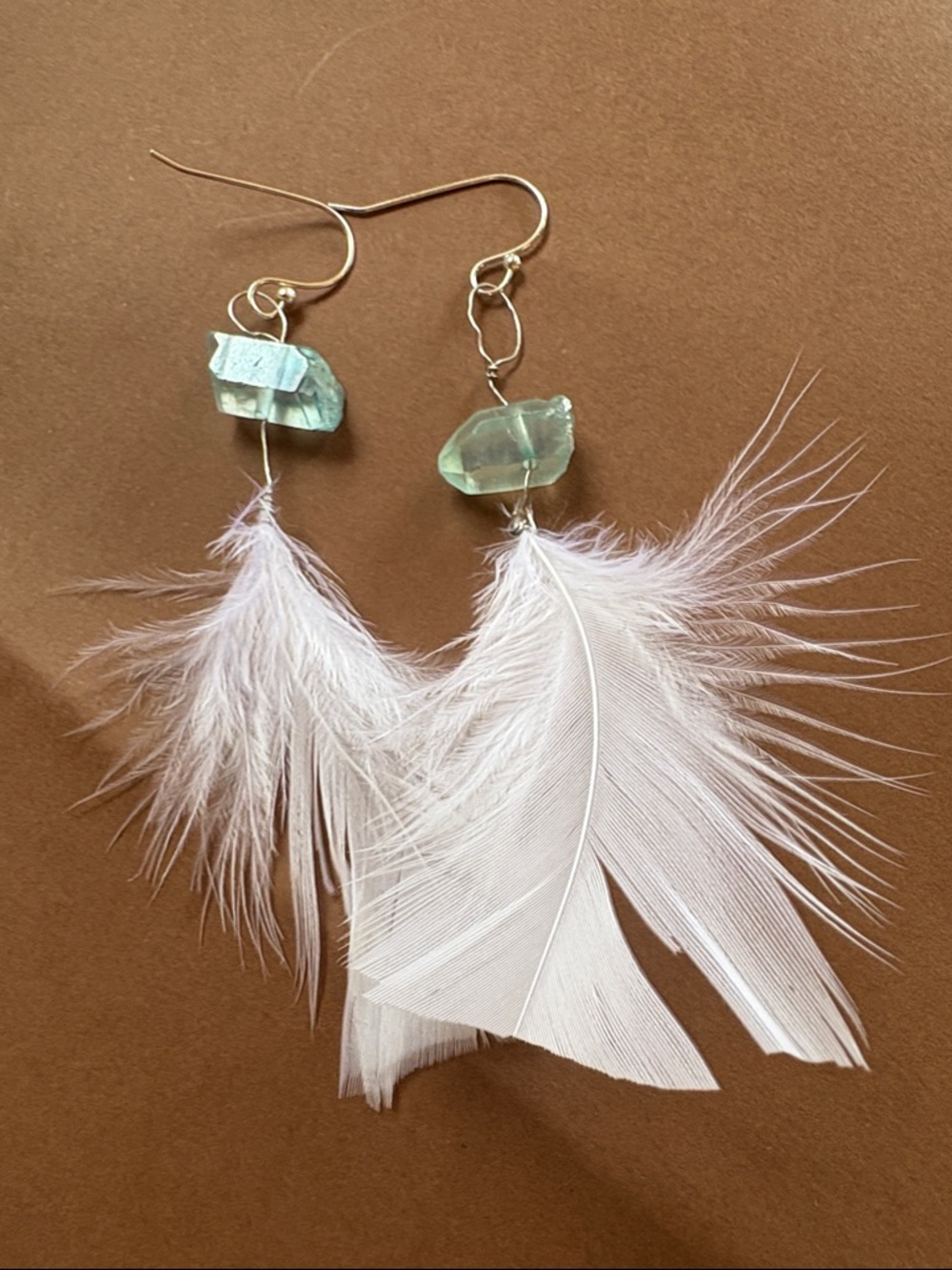 Handmade White Feather and Aqua Crystal Drop Earrings